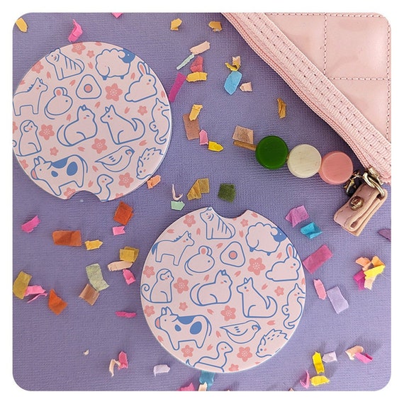 Cute Zodiac Animals Ceramic Car Coasters, Set of 2 Car Drink Holder Coasters, Cute Kawaii Anime Car Decor Coasters