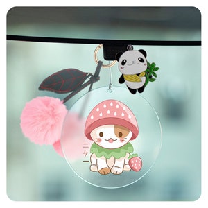 Cute Strawberry Hat Cat Rearview Mirror Car Decor, New Driver New Car Cute Acrylic Car Decoration