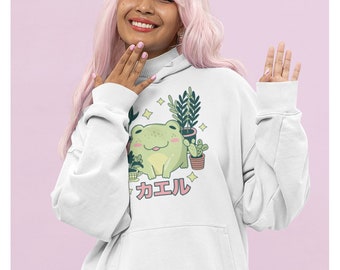 Cute Frog Plant Lover Hoodie, Japanese Anime Kawaii Style
