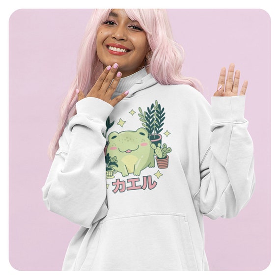 Cute Frog Plant Lover Hoodie, Japanese Anime Kawaii Style