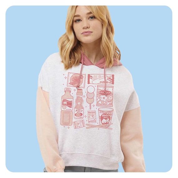 Pink Convenient Store Snacks Women's Colorblock Crop Hoodie, Kawaii Japanese Snacks Hooded Sweatshirt, Cute Foody Fashion Hoodie
