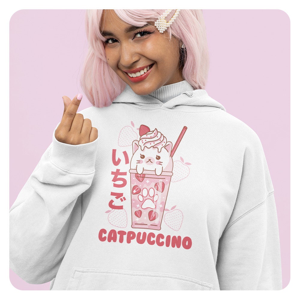 TheKawaiiSyndicate Cute Strawberry Catpuccino Hoodie Strawberry Hoodie Japanese Kawaii Strawberry Latte Hoodie Cute Animal Hoodie