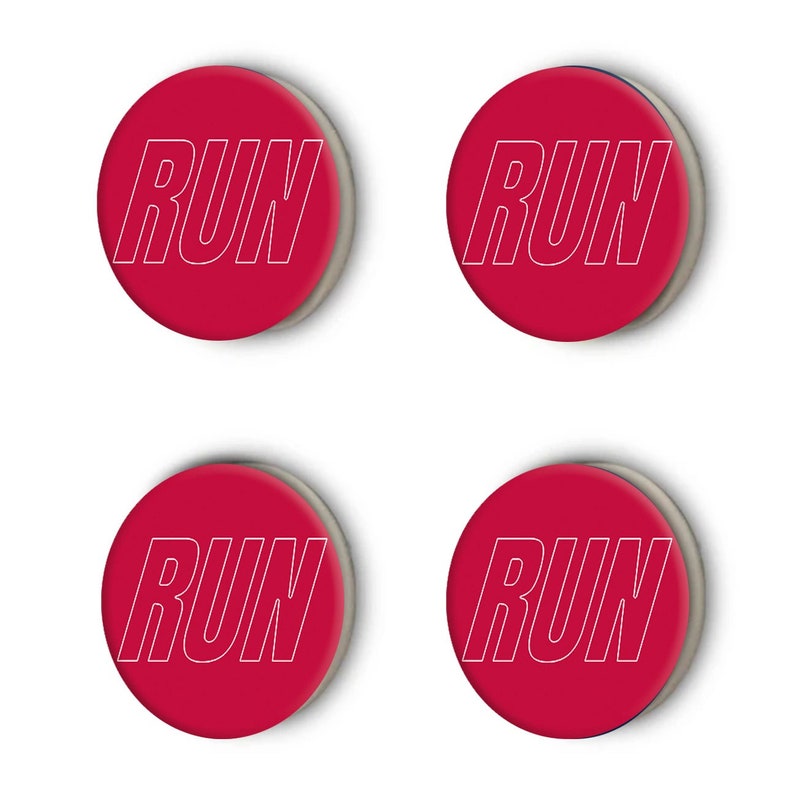 May include: Four red round buttons with white outline. Each button has the word "RUN" printed on it.