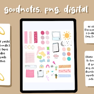 以下が含まれることがあります： GoodNotes用のデジタル美的パステルステッカーバンドル。マスキングテープ、落書き、メモ帳、パッチが含まれています。画像には、ピンク、黄色、青のさまざまなステッカーと「goodnotes、png、digital」というテキストが表示されたタブレットが表示されています。
