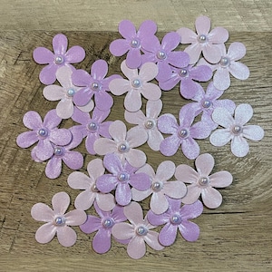 40 Piece Purple Shimmer Paper Flowers With Pearl, Mini Paper Flower Assortment, Jewel Flower, Artificial Flower Embellishments