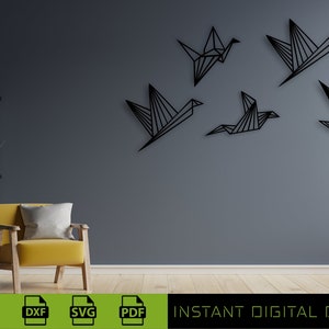 May include: Five black geometric origami bird wall decor designs. The birds are arranged in a staggered pattern on a gray wall. The image includes the text "INSTANT DIGITAL DOWNLOAD" at the bottom.