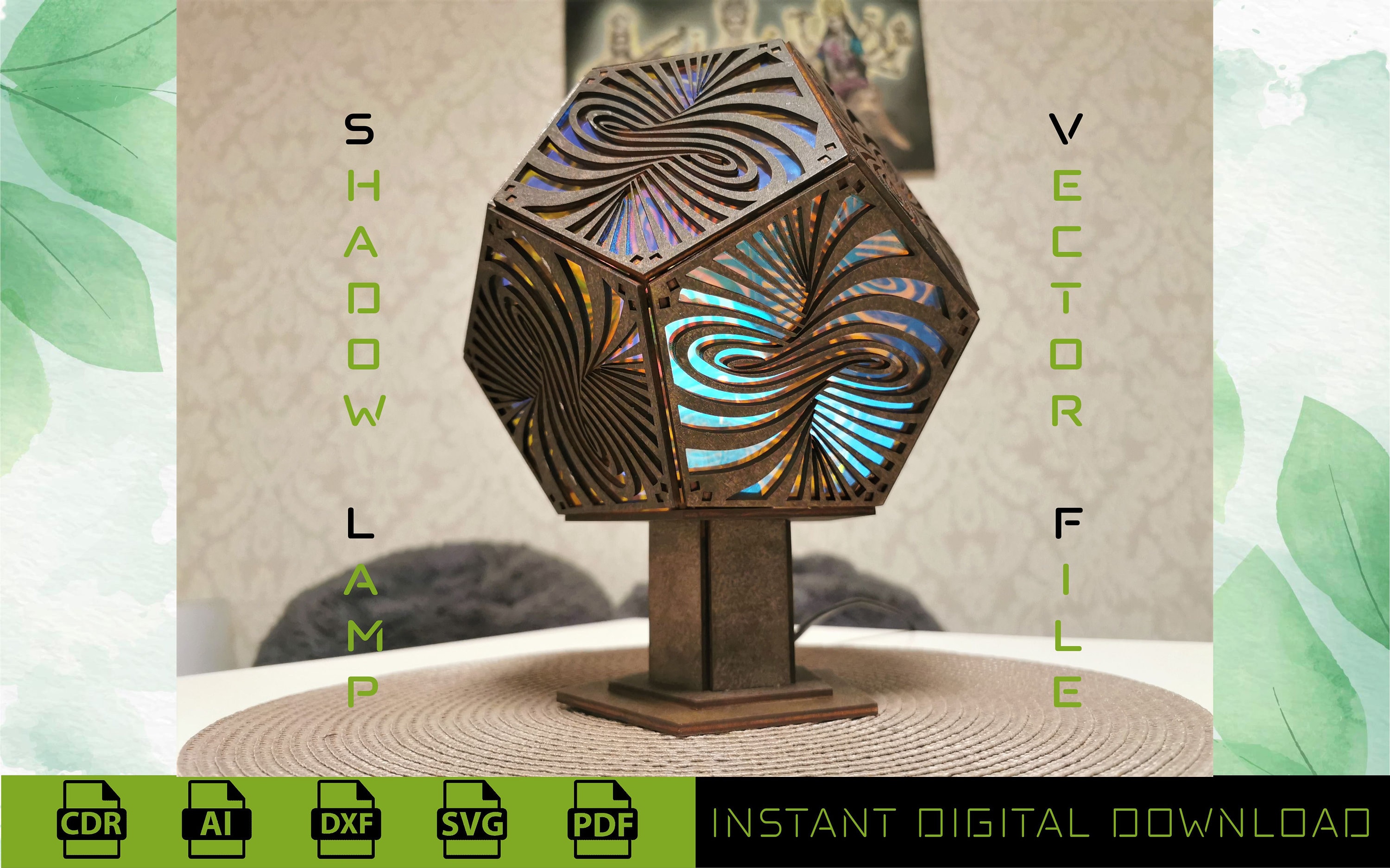 Dodecahedron Shape Lamp Vector File - Unique Shadow Pattern - Vortex, Laser & CNC Craft Project, Shadow Lamp Spiral, Table Lamp SVG, 2 in 1