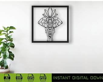 Hindi Elephant Mandala Wall Art Decoration, Laser Cut Files, Digital Instant Download, Room, Wall Art Vector, Sacred Sign, SVG, DXF, CDR.