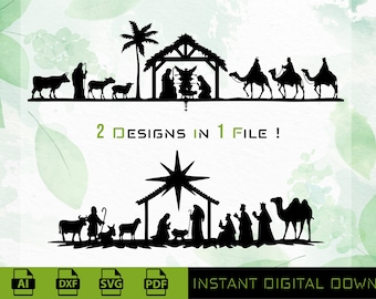 May include: Two black and white silhouette designs of the nativity scene. The top design features a stable with a star above it, a palm tree, three wise men riding camels, and a cow and sheep. The bottom design features a stable with a star above it, a cow and sheep, and the three wise men. The text "2 DESIGNS IN 1 FILE!" is below the top design.
