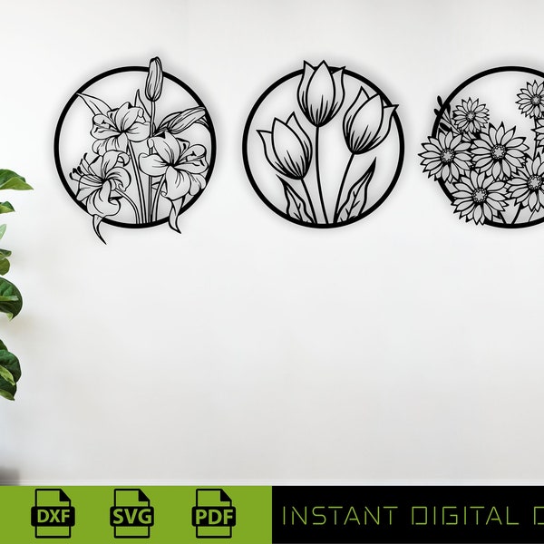 Flowers Wall Decoration, Laser Cut Files, Digital Instant Download, Project, Glowforge, Wall Art Vector, Wall Sign Files, SVG, DXF, CDR.