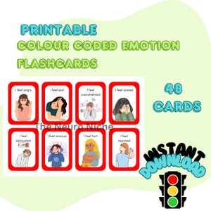 Emotion Flashcards, 48 Colour-Coded Emotion Flashcards For Alexithymia (DIGITAL DOWNLOAD)