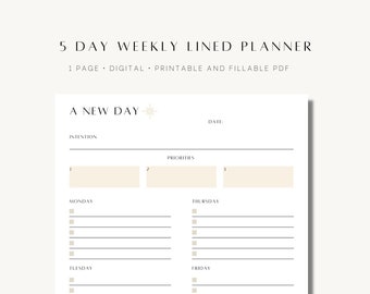 Five Day Weekly Lined Planner, Weekly Schedule, Work Planner, Daily Productivity Planner, Daily Planner, Printable Templates PDF, GoodNotes