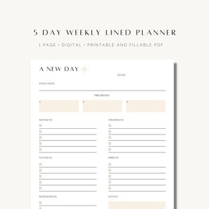 May include: A printable weekly planner with a simple design. The planner is divided into sections for intentions, priorities, and daily tasks. The days of the week are listed on the left side of the page, and there is a space for notes on the right side.
