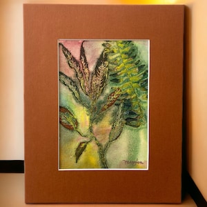 Botanical Monotype Print with Mat, Unique Handmade Wall Art, Ships Free
