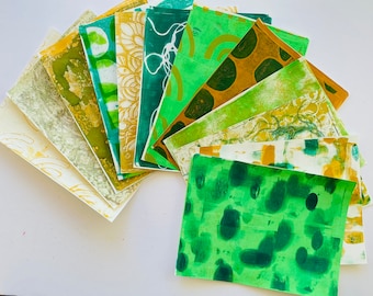 Gelli Prints, Junk Journal Monoprints, SET OF 12, Greens, Golds, Large Size