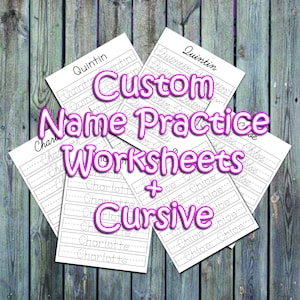May include: A set of printable cursive handwriting practice worksheets featuring the names "Quintin", "Charlotte", and "Chloe". The worksheets are designed to help children learn to write their names in cursive.