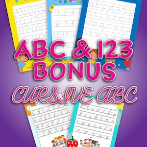 Puede incluir: Cuatro hojas de trabajo imprimibles para que los niños practiquen la escritura del alfabeto y los números. Las hojas de trabajo presentan bordes coloridos con niños de dibujos animados y un cohete. El título de las hojas de trabajo es "ABC & 123 BONUS CURSIVE ABC".