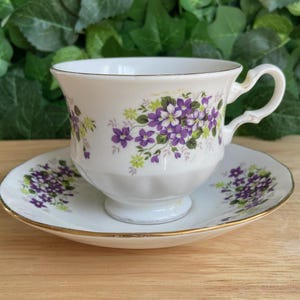 Vintage Queen Anne Bone China Teacup & Saucer • Purple Violet Flower Pattern • Gold Trimmed • Made in England • Cottagecore Tea Cup