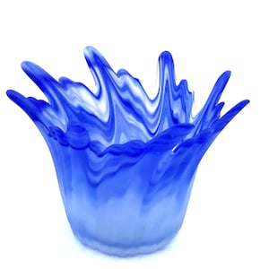 Bougeoir vintage en forme de tulipe en verre, vase d&#39;art marbré bleu/blanc