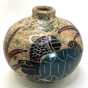 Turtles & Foliage Ceramic Vase Hand etched