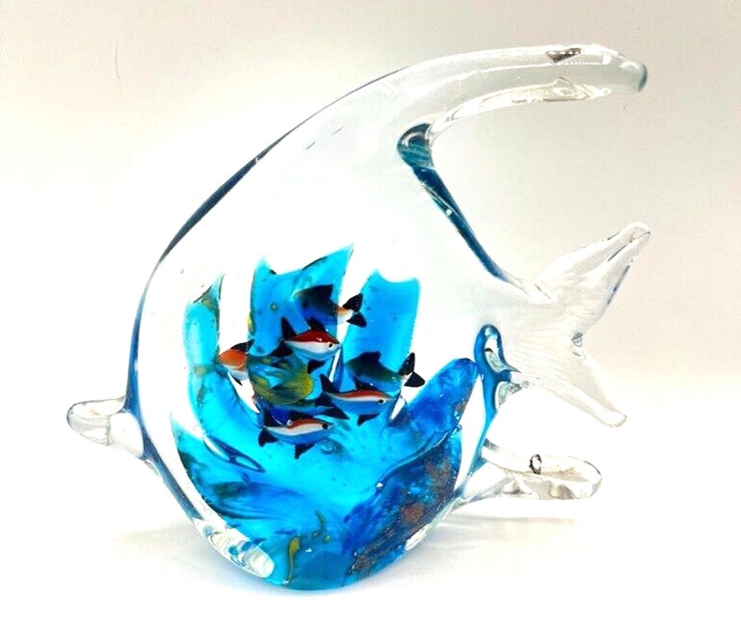 Clear Art Glass Angel Fish Murano Style Interior Colorful Fish & Waving ...