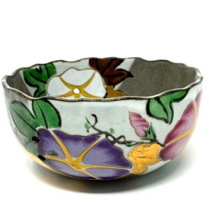 Floral Multicolor Bowl with pierced Holes Pottery , Hand Painted and Signed 7.5&quot;