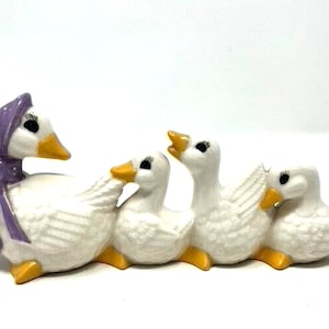 Ceramic Gaggle of Geese Goose Family in a Row Figurine with purple bandana 9&quot;