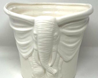 Maceta vintage de cerámica blanca con forma de elefante, tamaño mediano, 6 3/4