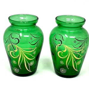 VINTAGE Anchor Hocking Emerald Green with Gold Gilding Bud Vases (set of 2)