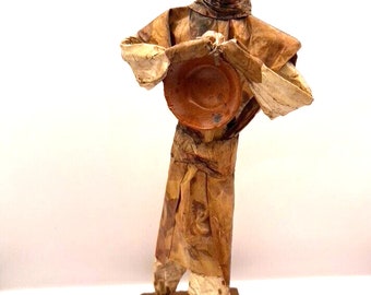 Mexican Paper Mache Figure Folk Art Man Carring Bowl
