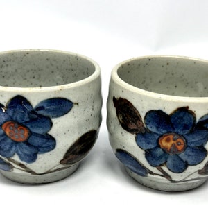 Japanese Stoneware Teacups Tea Cups Hand Painted with blue flower Set of two