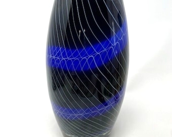 Sasaki Handcrafted Crystal Vase Art Glass Vintage Blue, White and Black 11 3/4"