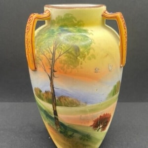 Vintage Hand Painted Nippon Three Handled Vase with Landscape