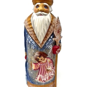 Russian Santa Claus With Painted Angel on Coat Wood Handcrafted Statuette 7.5&quot;