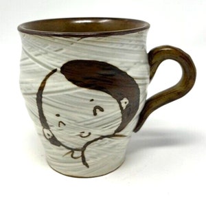 Girl Face Stoneware Mug Cup Coffee Tea Cream Brown Glaze Pottery
