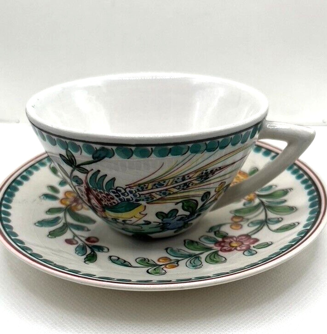 Vintage Portuguese Outeiro Agueda Teacup & Saucer Set Peacock Bird Hand
