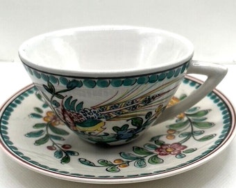 Vintage Portuguese Outeiro Agueda Teacup & Saucer Set Peacock Bird Hand Painted