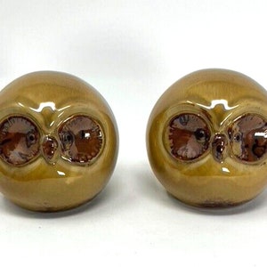 Set of 2 Chubby Ceramic Owl Round Ball Figurine Brown Tan Glazed Big Eyes 4&quot;