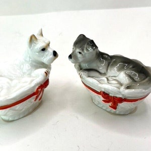 Vintage Bone China Mini terrier & Puppy Dog in Basket w/ Red Bow