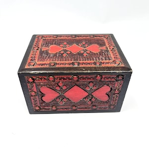 RARE Red Hand Made Wooden Triket Box Made In Poland Hearts double lid