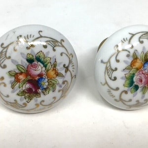 Antique Porcelain Doorknob Hand Painted Floral Design Gold accents SET of 2