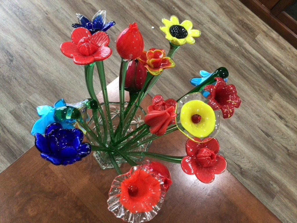 Vintage Hand Blown Art Glass Flowers Lot Long Stem Multicolored