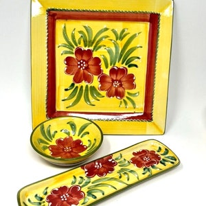 3 pce set plate, Bowl, spoon rest Made in italy with Red flower and green leafs