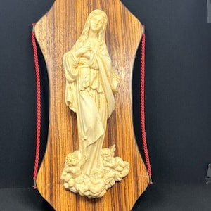 RARE VTG Virgin Mary Plaque Madonna with angels Aculpture By A Santini Italy 16&quot;