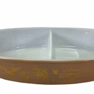 Vintage Pyrex Early Americana Divided 1 1/2 qt Oval Casserole Baking Dish
