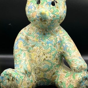 Vintage Paisley blue print 8” Teddy Ceramic Paper Mache green and blue