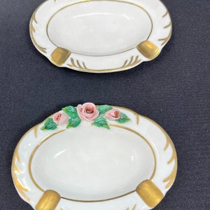 Dresden Ashtray Oval , Off White with Roses and Gilded Trim 4'' X 3'' set of 2