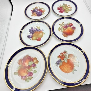 Puede incluir: Un juego de seis platos redondos de porcelana con el centro blanco y diversas ilustraciones de frutas coloridas, como uvas, peras, melocotones y naranjas. Cada plato tiene un borde ancho de color azul oscuro con un fino ribete dorado.
