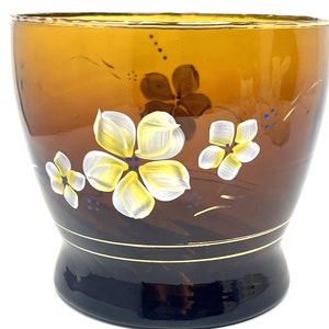 Vinatge Amber Glass Hand Painted Vase or Ice Bucket 5.5&quot; x 6&quot;