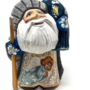 Russian Santa Claus With Painted Angel on Coat Wood Handcrafted Statuette 5&quot;